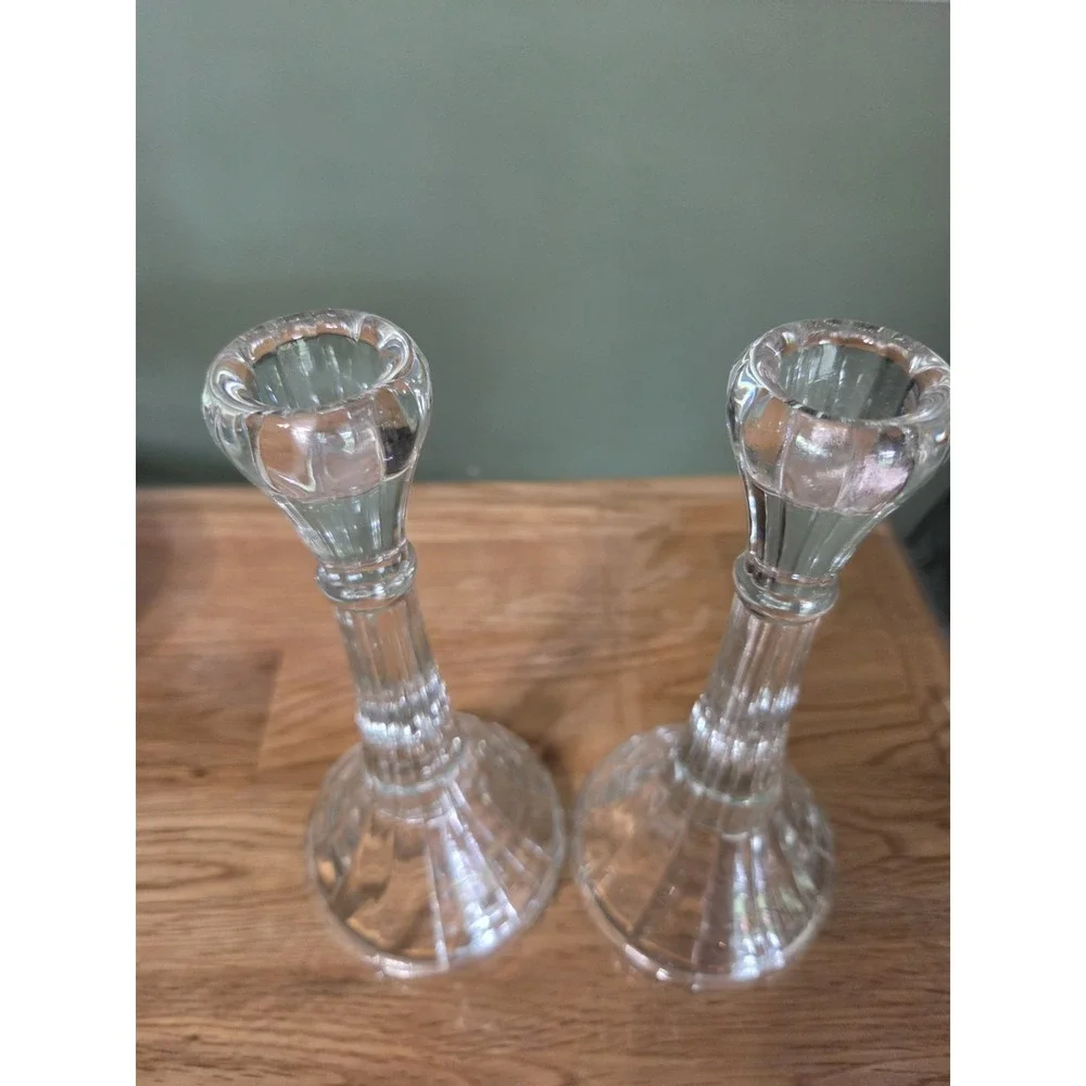 Pair of Clear Glass Candlestick Holders 7.75